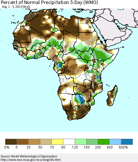 Africa Percent of Normal Precipitation 5-Day (WMO) Thematic Map For 8/1/2023 - 8/5/2023
