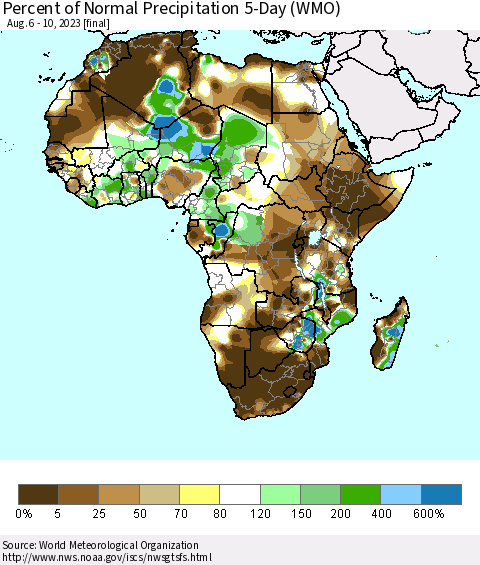 Africa Percent of Normal Precipitation 5-Day (WMO) Thematic Map For 8/6/2023 - 8/10/2023
