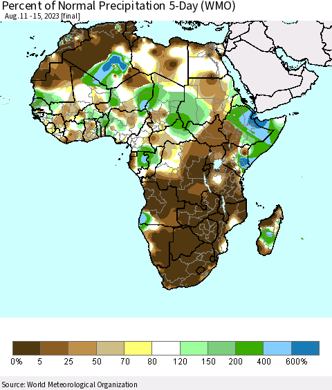 Africa Percent of Normal Precipitation 5-Day (WMO) Thematic Map For 8/11/2023 - 8/15/2023