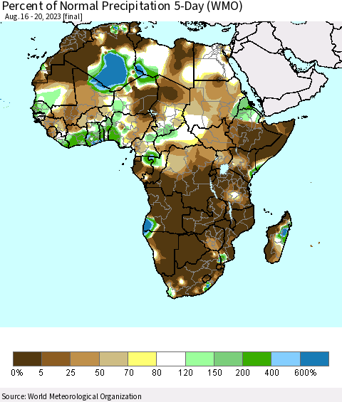 Africa Percent of Normal Precipitation 5-Day (WMO) Thematic Map For 8/16/2023 - 8/20/2023