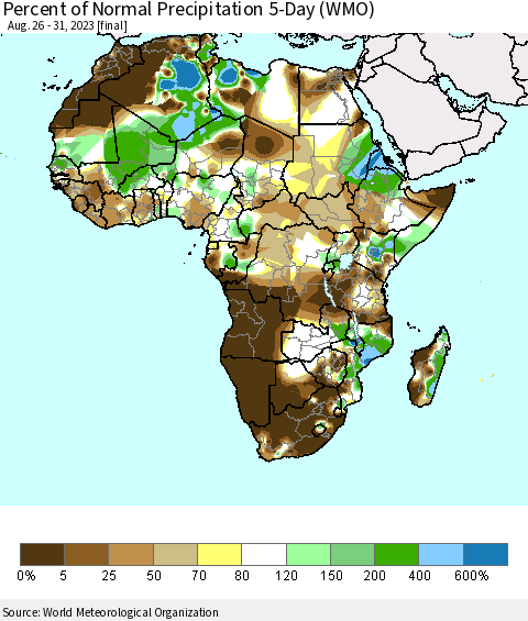 Africa Percent of Normal Precipitation 5-Day (WMO) Thematic Map For 8/26/2023 - 8/31/2023