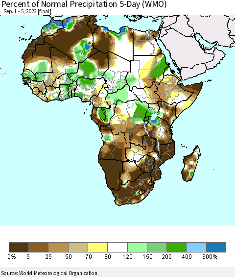 Africa Percent of Normal Precipitation 5-Day (WMO) Thematic Map For 9/1/2023 - 9/5/2023