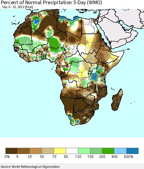 Africa Percent of Normal Precipitation 5-Day (WMO) Thematic Map For 9/6/2023 - 9/10/2023