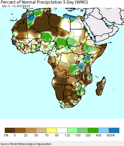 Africa Percent of Normal Precipitation 5-Day (WMO) Thematic Map For 9/11/2023 - 9/15/2023