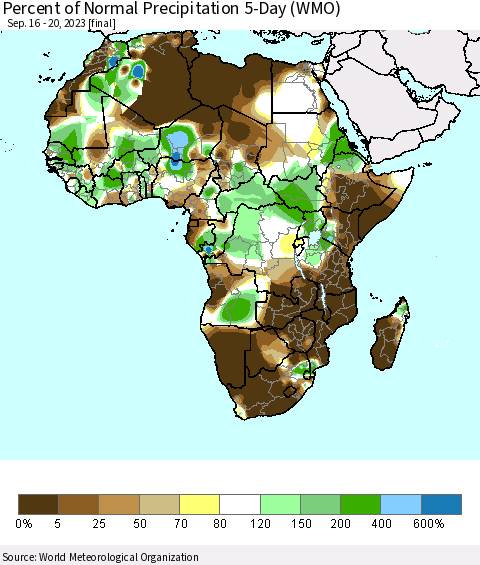 Africa Percent of Normal Precipitation 5-Day (WMO) Thematic Map For 9/16/2023 - 9/20/2023
