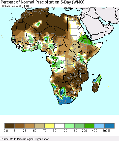 Africa Percent of Normal Precipitation 5-Day (WMO) Thematic Map For 9/21/2023 - 9/25/2023