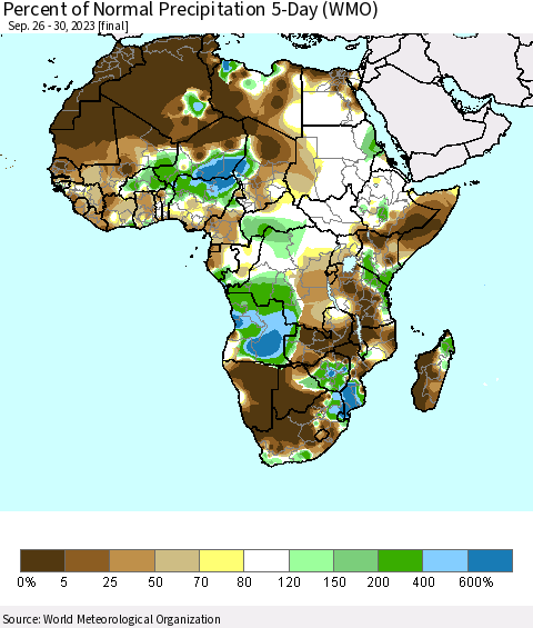 Africa Percent of Normal Precipitation 5-Day (WMO) Thematic Map For 9/26/2023 - 9/30/2023