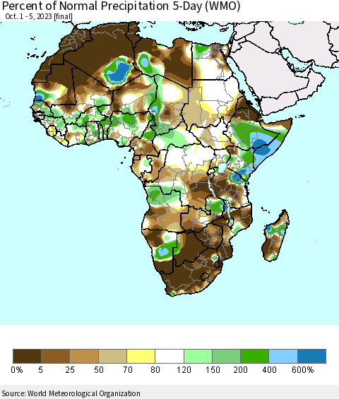 Africa Percent of Normal Precipitation 5-Day (WMO) Thematic Map For 10/1/2023 - 10/5/2023