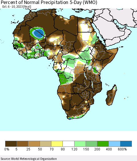 Africa Percent of Normal Precipitation 5-Day (WMO) Thematic Map For 10/6/2023 - 10/10/2023