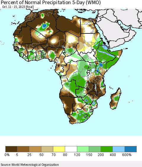 Africa Percent of Normal Precipitation 5-Day (WMO) Thematic Map For 10/11/2023 - 10/15/2023