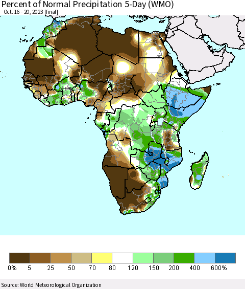 Africa Percent of Normal Precipitation 5-Day (WMO) Thematic Map For 10/16/2023 - 10/20/2023