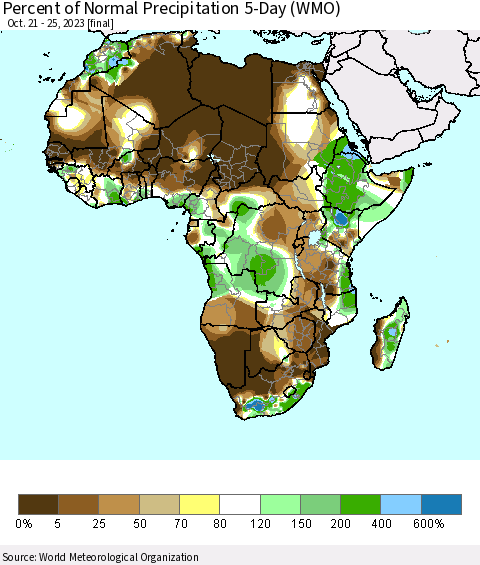Africa Percent of Normal Precipitation 5-Day (WMO) Thematic Map For 10/21/2023 - 10/25/2023