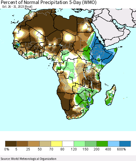 Africa Percent of Normal Precipitation 5-Day (WMO) Thematic Map For 10/26/2023 - 10/31/2023