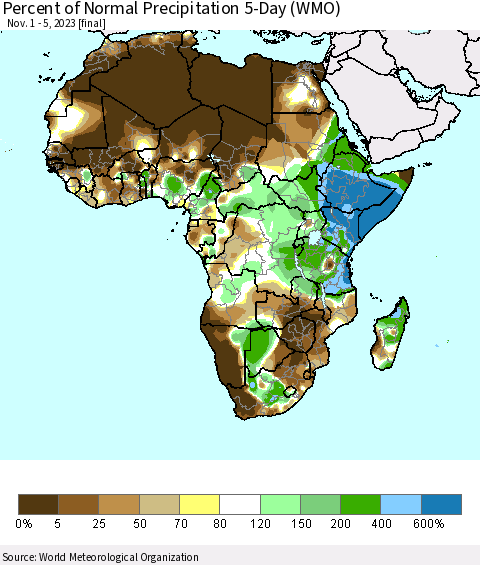 Africa Percent of Normal Precipitation 5-Day (WMO) Thematic Map For 11/1/2023 - 11/5/2023