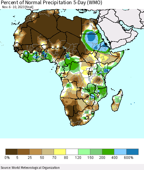 Africa Percent of Normal Precipitation 5-Day (WMO) Thematic Map For 11/6/2023 - 11/10/2023