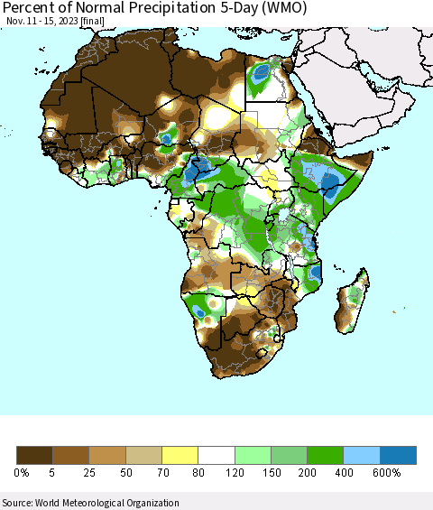 Africa Percent of Normal Precipitation 5-Day (WMO) Thematic Map For 11/11/2023 - 11/15/2023