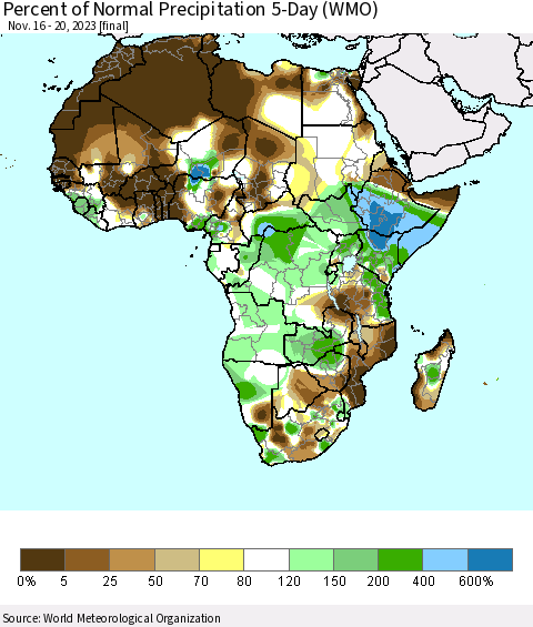 Africa Percent of Normal Precipitation 5-Day (WMO) Thematic Map For 11/16/2023 - 11/20/2023