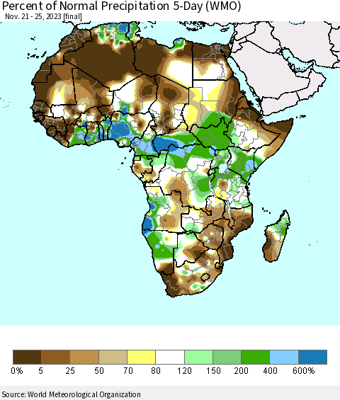 Africa Percent of Normal Precipitation 5-Day (WMO) Thematic Map For 11/21/2023 - 11/25/2023