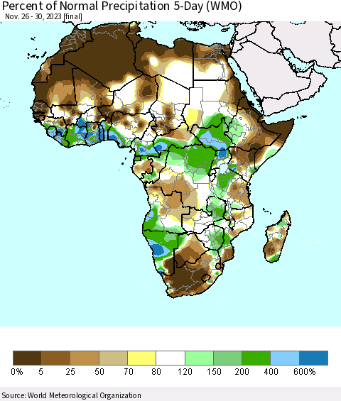 Africa Percent of Normal Precipitation 5-Day (WMO) Thematic Map For 11/26/2023 - 11/30/2023