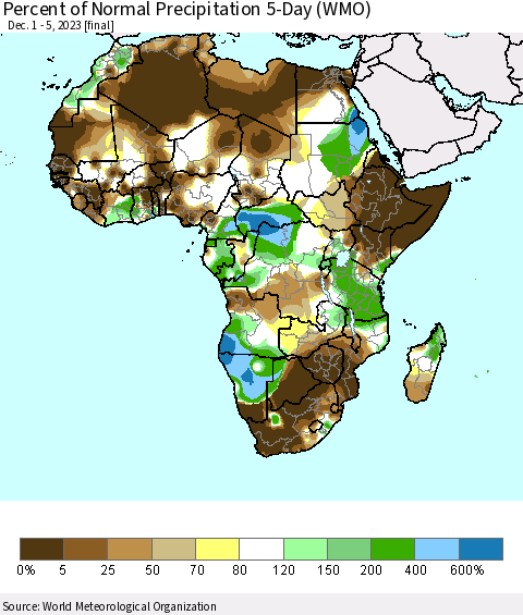 Africa Percent of Normal Precipitation 5-Day (WMO) Thematic Map For 12/1/2023 - 12/5/2023