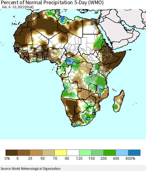 Africa Percent of Normal Precipitation 5-Day (WMO) Thematic Map For 12/6/2023 - 12/10/2023