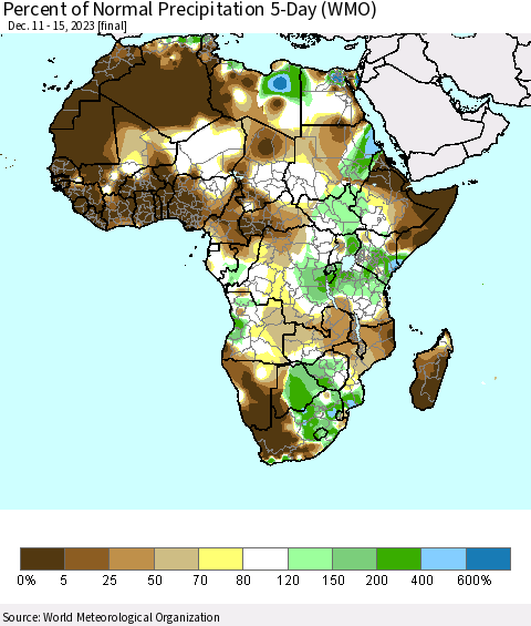 Africa Percent of Normal Precipitation 5-Day (WMO) Thematic Map For 12/11/2023 - 12/15/2023
