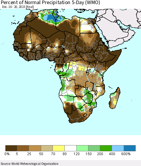 Africa Percent of Normal Precipitation 5-Day (WMO) Thematic Map For 12/16/2023 - 12/20/2023
