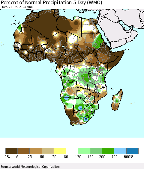 Africa Percent of Normal Precipitation 5-Day (WMO) Thematic Map For 12/21/2023 - 12/25/2023