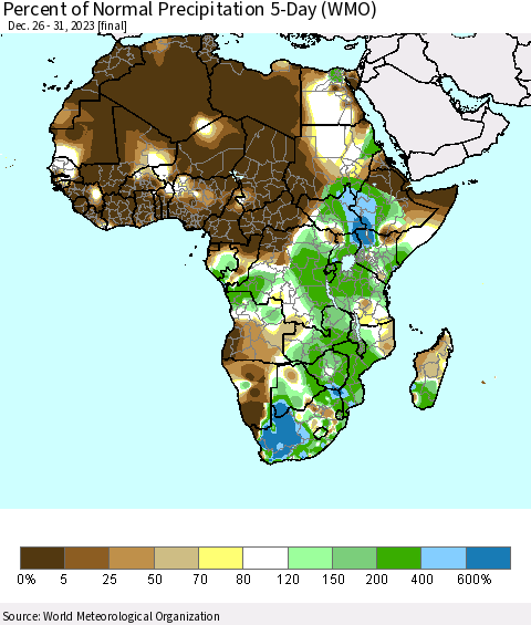Africa Percent of Normal Precipitation 5-Day (WMO) Thematic Map For 12/26/2023 - 12/31/2023