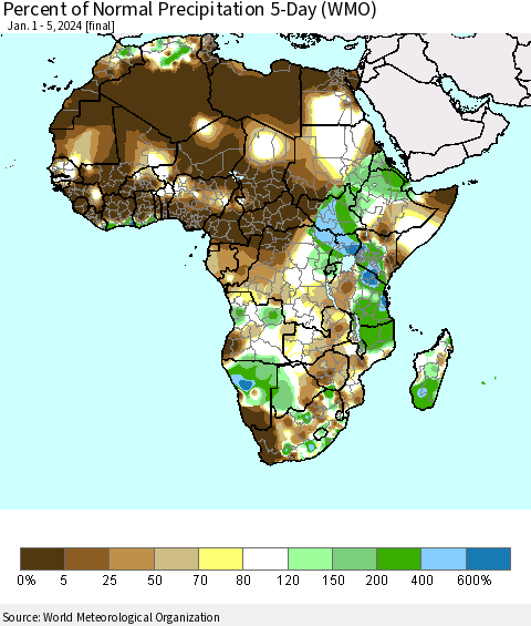 Africa Percent of Normal Precipitation 5-Day (WMO) Thematic Map For 1/1/2024 - 1/5/2024