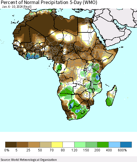 Africa Percent of Normal Precipitation 5-Day (WMO) Thematic Map For 1/6/2024 - 1/10/2024