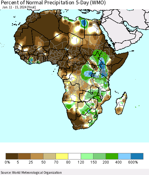 Africa Percent of Normal Precipitation 5-Day (WMO) Thematic Map For 1/11/2024 - 1/15/2024