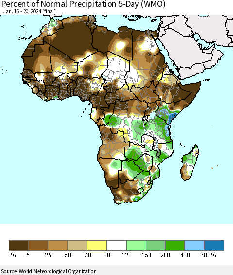 Africa Percent of Normal Precipitation 5-Day (WMO) Thematic Map For 1/16/2024 - 1/20/2024