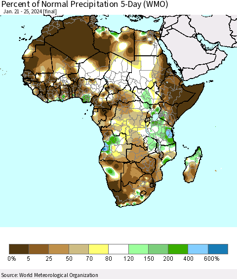 Africa Percent of Normal Precipitation 5-Day (WMO) Thematic Map For 1/21/2024 - 1/25/2024