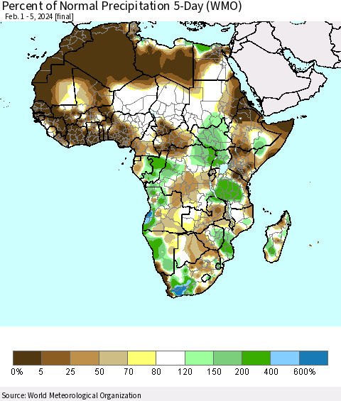 Africa Percent of Normal Precipitation 5-Day (WMO) Thematic Map For 2/1/2024 - 2/5/2024