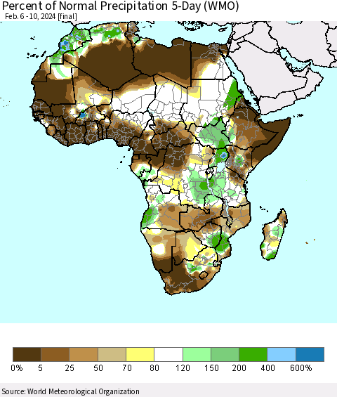 Africa Percent of Normal Precipitation 5-Day (WMO) Thematic Map For 2/6/2024 - 2/10/2024