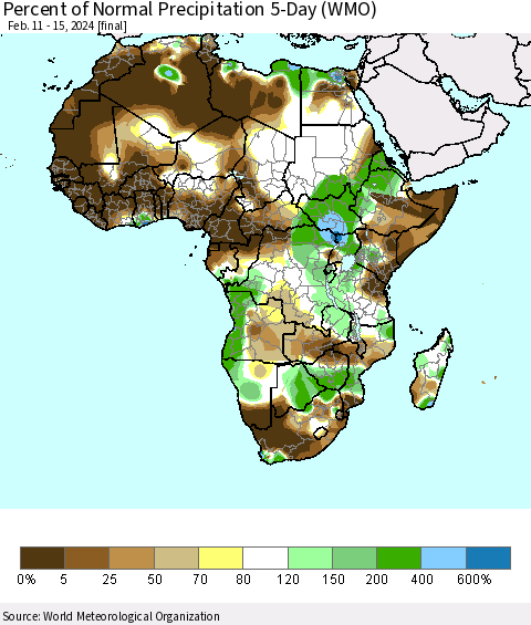 Africa Percent of Normal Precipitation 5-Day (WMO) Thematic Map For 2/11/2024 - 2/15/2024