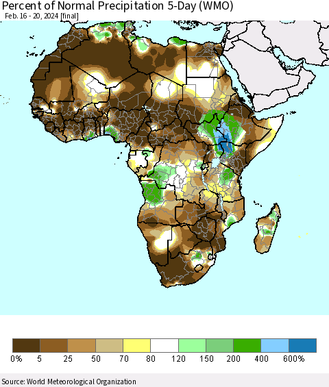 Africa Percent of Normal Precipitation 5-Day (WMO) Thematic Map For 2/16/2024 - 2/20/2024
