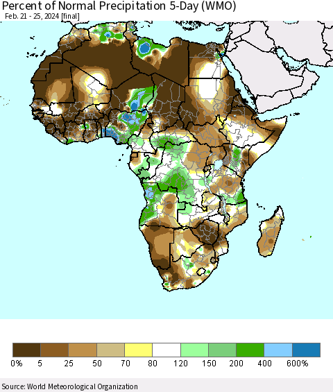 Africa Percent of Normal Precipitation 5-Day (WMO) Thematic Map For 2/21/2024 - 2/25/2024