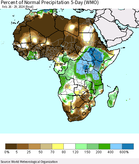 Africa Percent of Normal Precipitation 5-Day (WMO) Thematic Map For 2/26/2024 - 2/29/2024