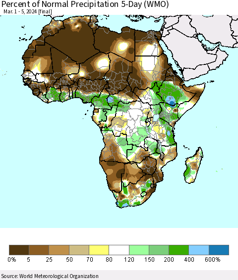 Africa Percent of Normal Precipitation 5-Day (WMO) Thematic Map For 3/1/2024 - 3/5/2024