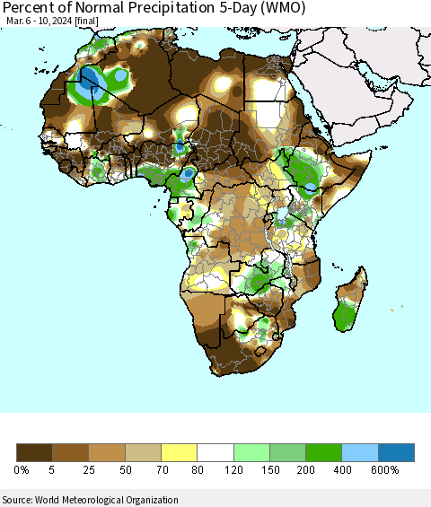 Africa Percent of Normal Precipitation 5-Day (WMO) Thematic Map For 3/6/2024 - 3/10/2024