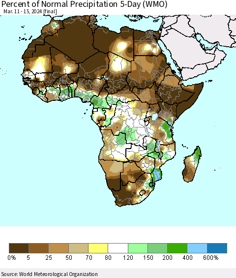 Africa Percent of Normal Precipitation 5-Day (WMO) Thematic Map For 3/11/2024 - 3/15/2024