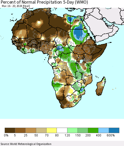 Africa Percent of Normal Precipitation 5-Day (WMO) Thematic Map For 3/16/2024 - 3/20/2024
