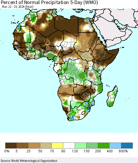 Africa Percent of Normal Precipitation 5-Day (WMO) Thematic Map For 3/21/2024 - 3/25/2024