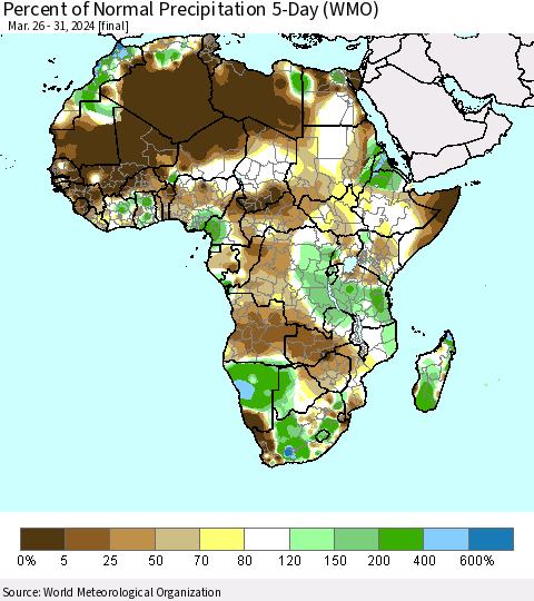 Africa Percent of Normal Precipitation 5-Day (WMO) Thematic Map For 3/26/2024 - 3/31/2024