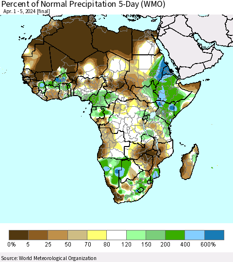 Africa Percent of Normal Precipitation 5-Day (WMO) Thematic Map For 4/1/2024 - 4/5/2024