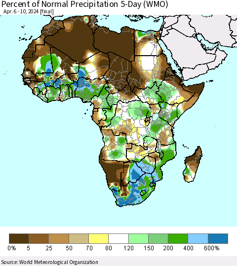 Africa Percent of Normal Precipitation 5-Day (WMO) Thematic Map For 4/6/2024 - 4/10/2024