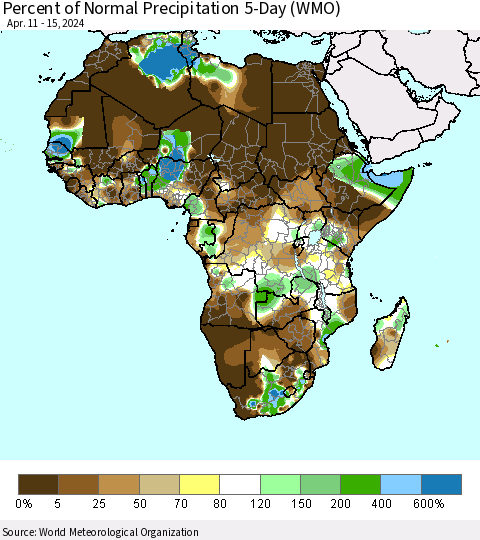 Africa Percent of Normal Precipitation 5-Day (WMO) Thematic Map For 4/11/2024 - 4/15/2024
