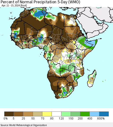 Africa Percent of Normal Precipitation 5-Day (WMO) Thematic Map For 4/11/2024 - 4/15/2024